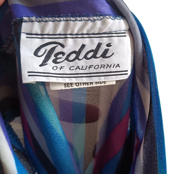 12 Vintage Teddi California Sheer Striped Button-Up Blouse Tie Neck Puff Sleeves - Picture 3 of 8